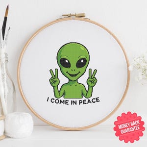 Alien Cross Stitch Pattern PDF – Funny I Come in Peace UFO Design – Instant Download