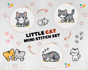 Little Cat Mini Stitch Set – Modern Minimalist Cat Cross Stitch Patterns - Small Cute Animal Stitch Designs