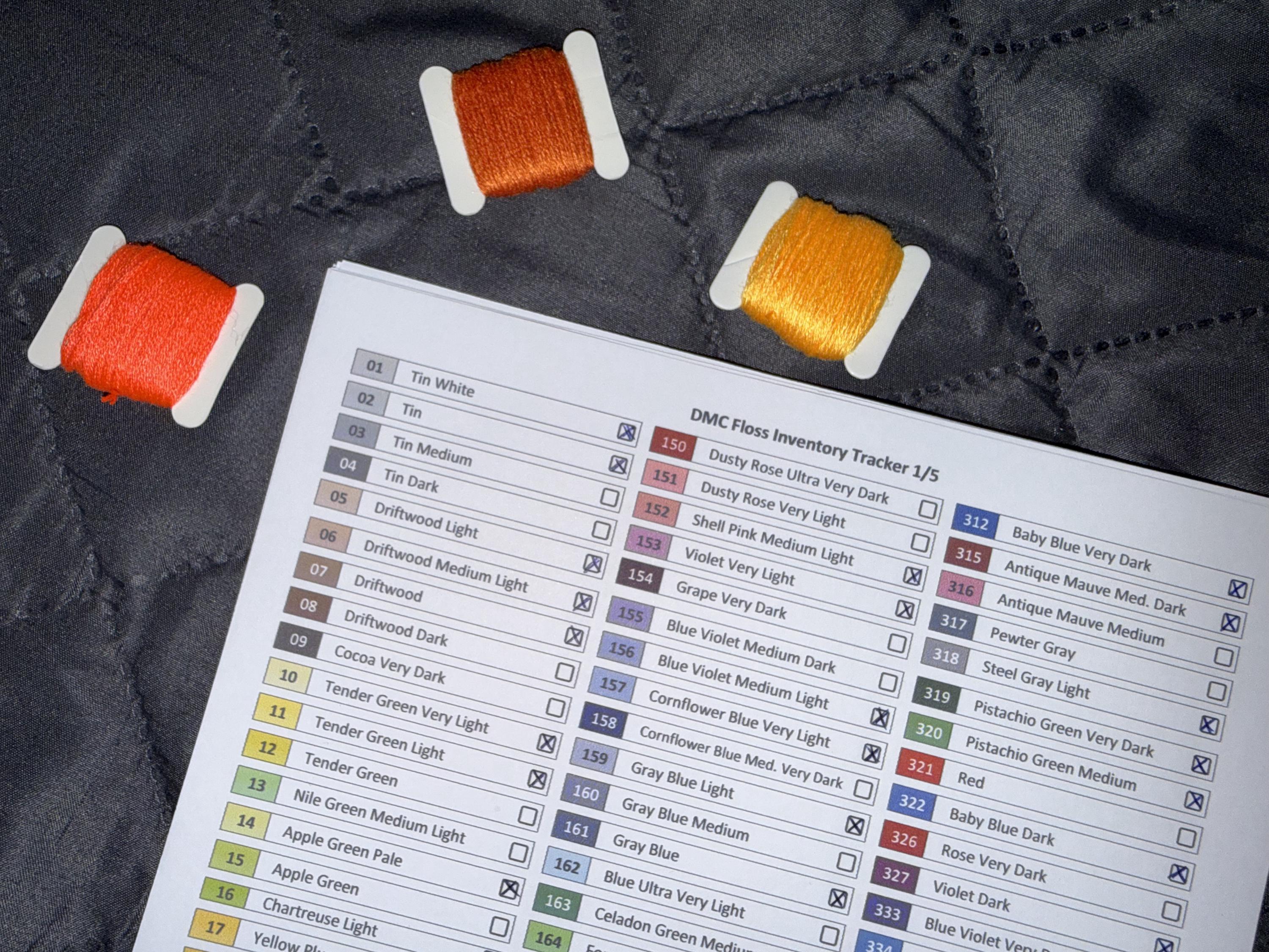 DMC Floss Inventory Tracker With Color Names 5 Page Printable Checklist