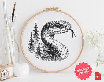 Monochrome Snake Cross Stitch Pattern: Forest Serpent Embroidery (PDF Pattern for 14 Count Aida)
