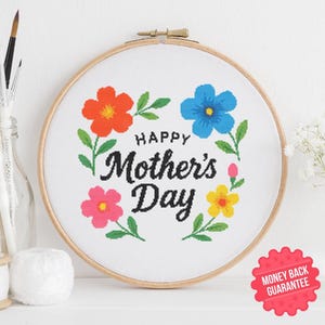 Fête des mères colorée au point de croix - Motif de broderie floral lumineux - Téléchargement facile au format PDF - Fête des mères florale xStitch