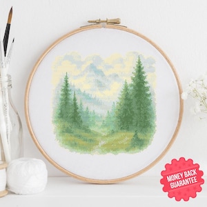 Golden Pines Morning - Nature Cross Stitch Pattern PDF | Forest Landscape Embroidery | Peaceful Mountain Scene Design