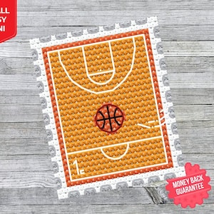 May include: A printable PDF pattern for a cross-stitch design of a basketball court with a basketball in the center. The pattern is framed with a white border and a red stamp.