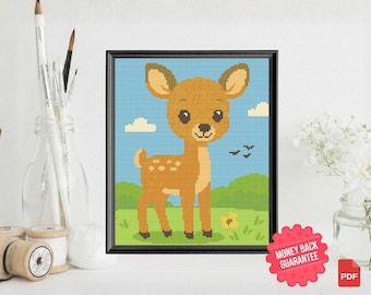 Baby Deer Cross Stitch Pattern PDF, Cute Woodland Animal, Modern Nursery Wall Art