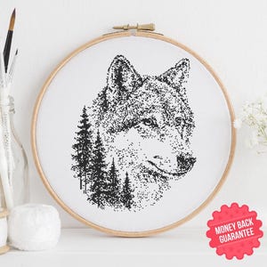 Monochrome Wolf Cross Stitch Pattern PDF – Bold Forest Animal Silhouette for 14 Count Aida – One-Color Digital Chart – Instant Download