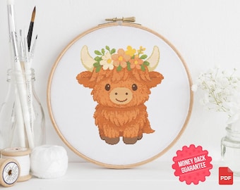 Highland Cow Cross Stitch Pattern – Flower Crown Nursery Decor (PDF Chart)
