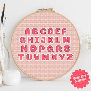 Pink Pixel Cross Stitch Alphabet Pattern: White Shadow (PDF Download)