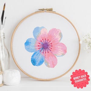 Patrón de punto de cruz floral en acuarela, bordado de flores en PDF, punto de cruz floral moderno, decoración del hogar DIY, diseño de bordado digital