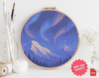 Northern Lights Cross Stitch Pattern, Aurora Borealis Embroidery (Digital Download)