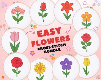 Flower Cross Stitch Pattern Bundle: 10 Floral Designs for Beginners (PDF Download)
