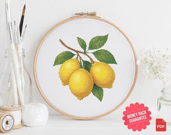 Patrón de punto de cruz de limones en rama / Bordado de frutas (PDF)