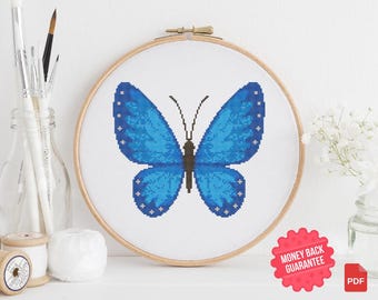 Blue Butterfly Cross Stitch Pattern - Elegant Embroidery Design - Instant PDF Download