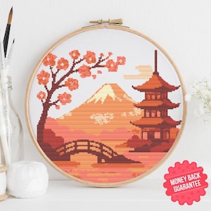 Japanische Landschaft Kreuzstich Anleitung PDF - Sonnenuntergang Brücke & Berglandschaft - Stickmuster - Sofort Download