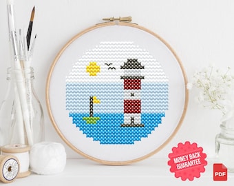 Mini Lighthouse Cross Stitch Pattern – Nautical Seaside Scene PDF – Small Modern Embroidery Design