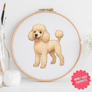 May include: A cross-stitch embroidery hoop featuring a light tan poodle with a pink tongue. The dog is centered on a white background, framed by a wooden hoop. The image includes a "Money Back Guarantee" sticker.