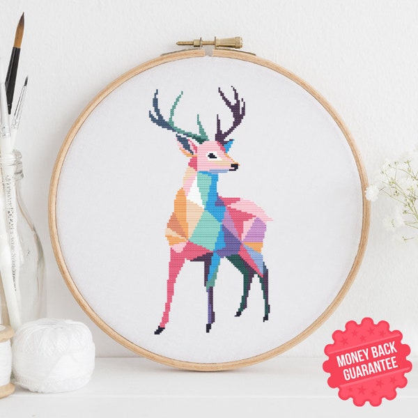 Colorful Deer Cross Stitch Pattern - Geometric Deer Design - Instant Download Geometric Multi Colored Deer Cross Stitch Pattern