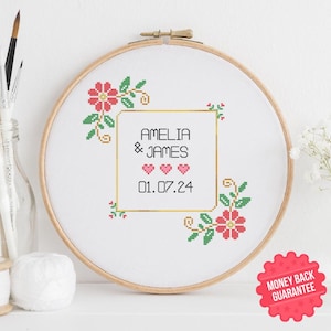 Wedding Cross Stitch Pattern, Personalized Wedding Cross Stitch PDF, Unique Floral Wedding Cross Stitch Pattern Personalized Weddings Gift