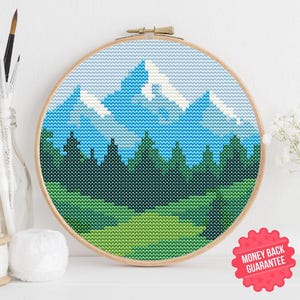 Snowy Mountain Cross Stitch Pattern: Serene Landscape (PDF Download, 14 Count Aida