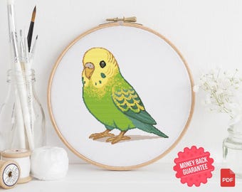 セキセイインコのクロスステッチパターン：水彩画風の鳥の刺繍（PDF