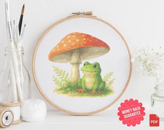 Frog Under Mushroom Cross Stitch Pattern (PDF)