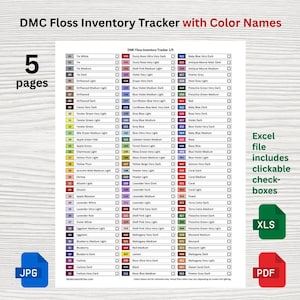 Puede incluir: Un rastreador de inventario de hilo DMC con nombres de colores, que presenta una lista de colores de hilo con casillas de verificación. La imagen incluye el texto "5 páginas", "Excel file includes clickable check-boxes" e iconos de tipo de archivo JPG, XLS y PDF.