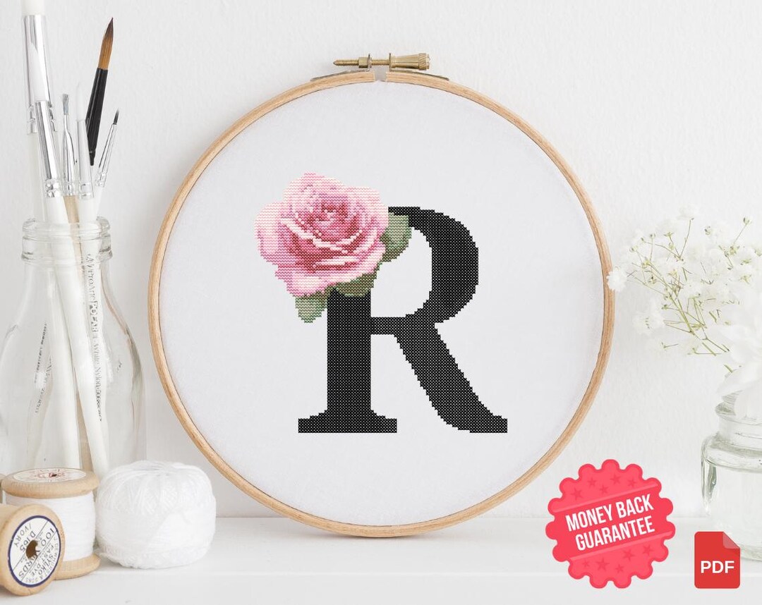 Rose Letter R Cross Stitch Pattern PDF, Floral Alphabet Initial, Modern ...