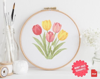 Levendig kruissteekpatroon tulpenboeket: modern bloemenborduurwerk (pdf-download)