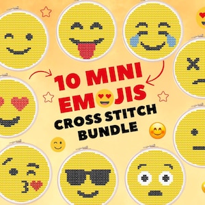 May include: A set of 10 mini cross stitch patterns featuring different emojis. The patterns are in yellow and black with red, blue, and white accents. The patterns are arranged in a circle around the text "10 MINI EMOJIS CROSS STITCH BUNDLE".