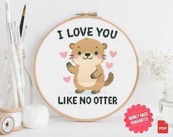 Cute Otter Cross Stitch Pattern PDF – Romantic "I Love You Like No Otter" Animal Embroidery Design – DIY Valentine Gift for Couples