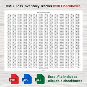 May include: A white DMC floss inventory tracker with checkboxes. The document includes a grid of boxes for tracking floss colors and numbers. The text "DMC Floss Inventory Tracker with Checkboxes" is at the top. Icons for PDF, JPG, and XLS files are at the bottom.