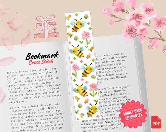 Bee Bookmark Cross Stitch Pattern: Spring Floral Embroidery (PDF Digital Download