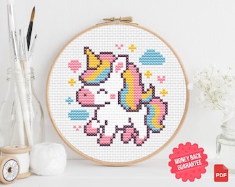 Puede incluir: Patrón de punto de cruz de un unicornio con cuerno amarillo, melena y cola rosas y detalles azules. El diseño está enmarcado en un aro de madera, sobre un fondo blanco. Incluye una pegatina de "Garantía de devolución de dinero".