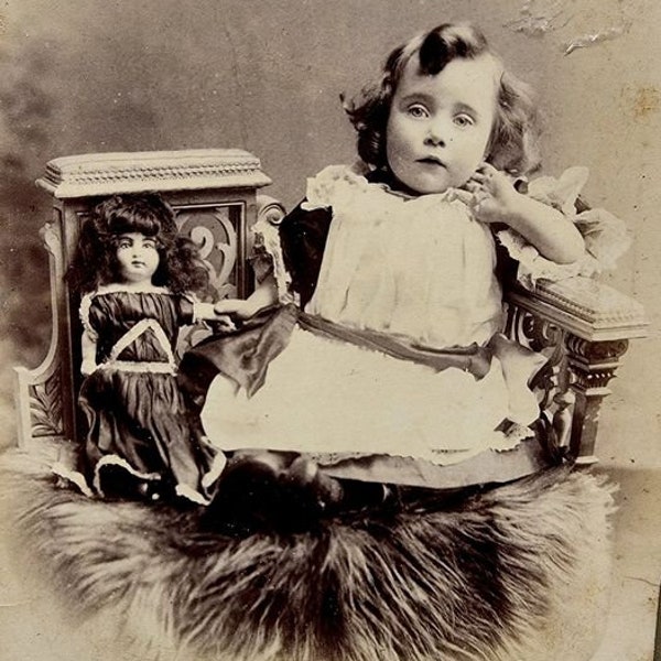 Girl and her Dolly....Endearing, rare, VICTORIAN CABINET CARD.