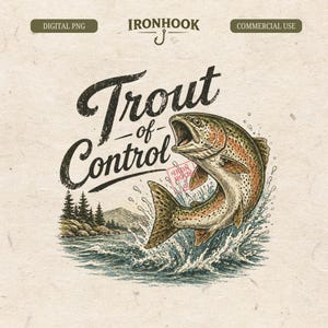 May include: Digital PNG graphic featuring a leaping trout with open mouth, water splash, and the text "Trout of Control." The design includes a mountain landscape and the Ironhook logo, suitable for commercial use.