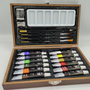 Acrylfarben Set 20tlg. in einer Holzbox mit Farben, Pinseln, Bleistift und Anspitzer zum Basteln und Malen Ideal Bild 1