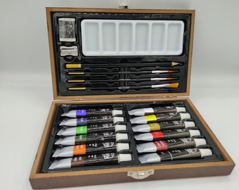 Acrylic paint set 20 pieces. in a wooden box with paints, brushes, pencil and sharpener Ideal for crafts and painting