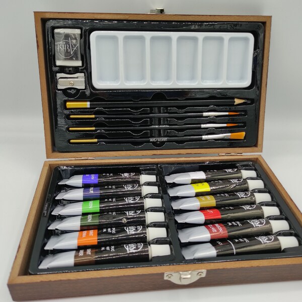 Acrylfarben Set 20tlg. in einer Holzbox mit Farben, Pinseln, Bleistift und Anspitzer zum Basteln und Malen Ideal