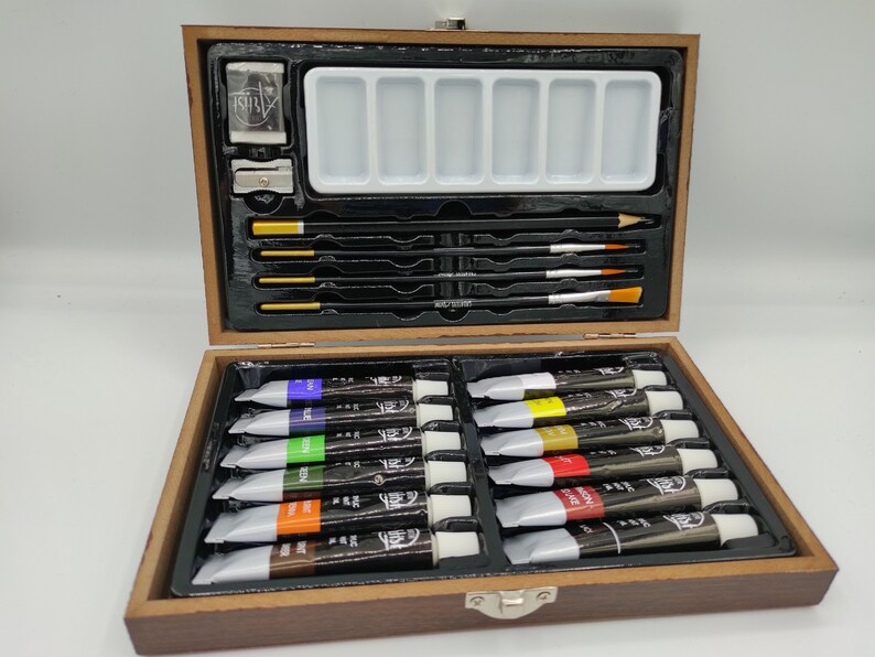 Acrylic paint set 20 pieces. in a wooden box with paints, brushes, pencil and sharpener Ideal for crafts and painting image 1