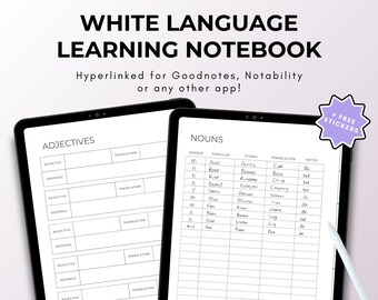 White Language Learning Notebook, Hyperlinked Journal, Ipad Goodnotes, Multi Language, Study Planner, Student Journal