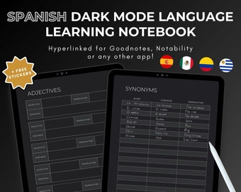 Spanish Dark Mode Language Learning Notebook, Hyperlinked Journal, Ipad Goodnotes, Spanish Notebook, Study Planner, Duolingo Journal