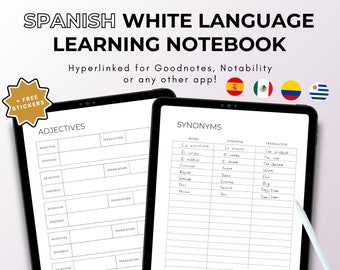 Spanish White Language Learning Notebook, Hyperlinked Journal, Ipad Goodnotes, Spanish Notebook, Study Planner, Duolingo Journal