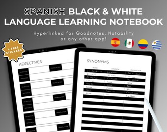 Spanish Black & White Language Learning Notebook, Hyperlinked Journal, Ipad Goodnotes, Spanish Notebook, Study Planner, Duolingo Journal