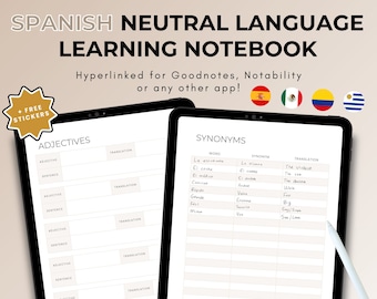 Spanish Neutral Language Learning Notebook, Hyperlinked Journal, Ipad Goodnotes, Spanish Notebook, Study Planner, Student Journal, Duolingo