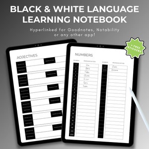Black & White Language Learning Notebook, Hyperlinked Journal, Ipad Goodnotes, Multi Language, Study Planner, Student Journal