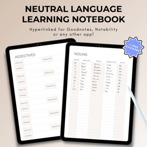 Neutral Language Learning Notebook, Hyperlinked Journal, Ipad Goodnotes, Multi Language, Study Planner, Student Journal
