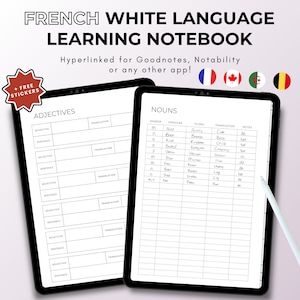 French White Language Learning Notebook, Hyperlinked Journal, Ipad Goodnotes, French Notebook, Study Planner, Student Journal, Duolingo