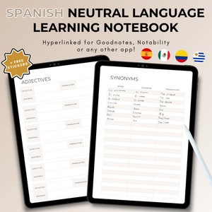 Spanish Neutral Language Learning Notebook, Hyperlinked Journal, Ipad Goodnotes, Spanish Notebook, Study Planner, Student Journal, Duolingo