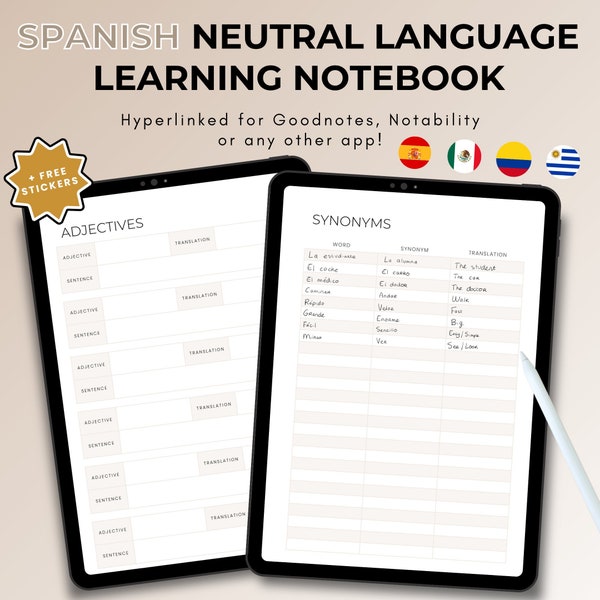 Spanish Neutral Language Learning Notebook, Hyperlinked Journal, Ipad Goodnotes, Spanish Notebook, Study Planner, Student Journal, Duolingo