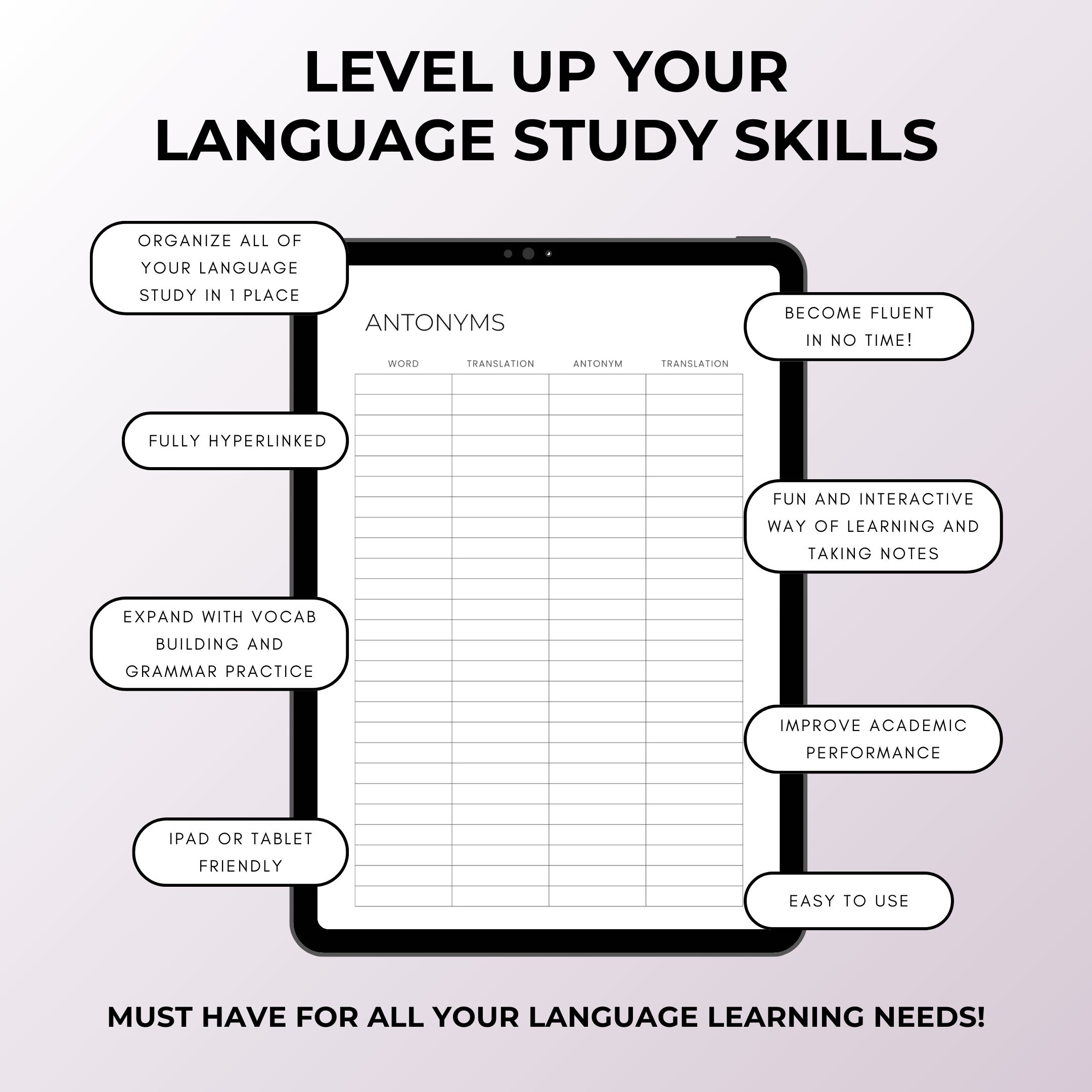 White Language Learning Notebook, Hyperlinked Journal, iPad Goodnotes ...