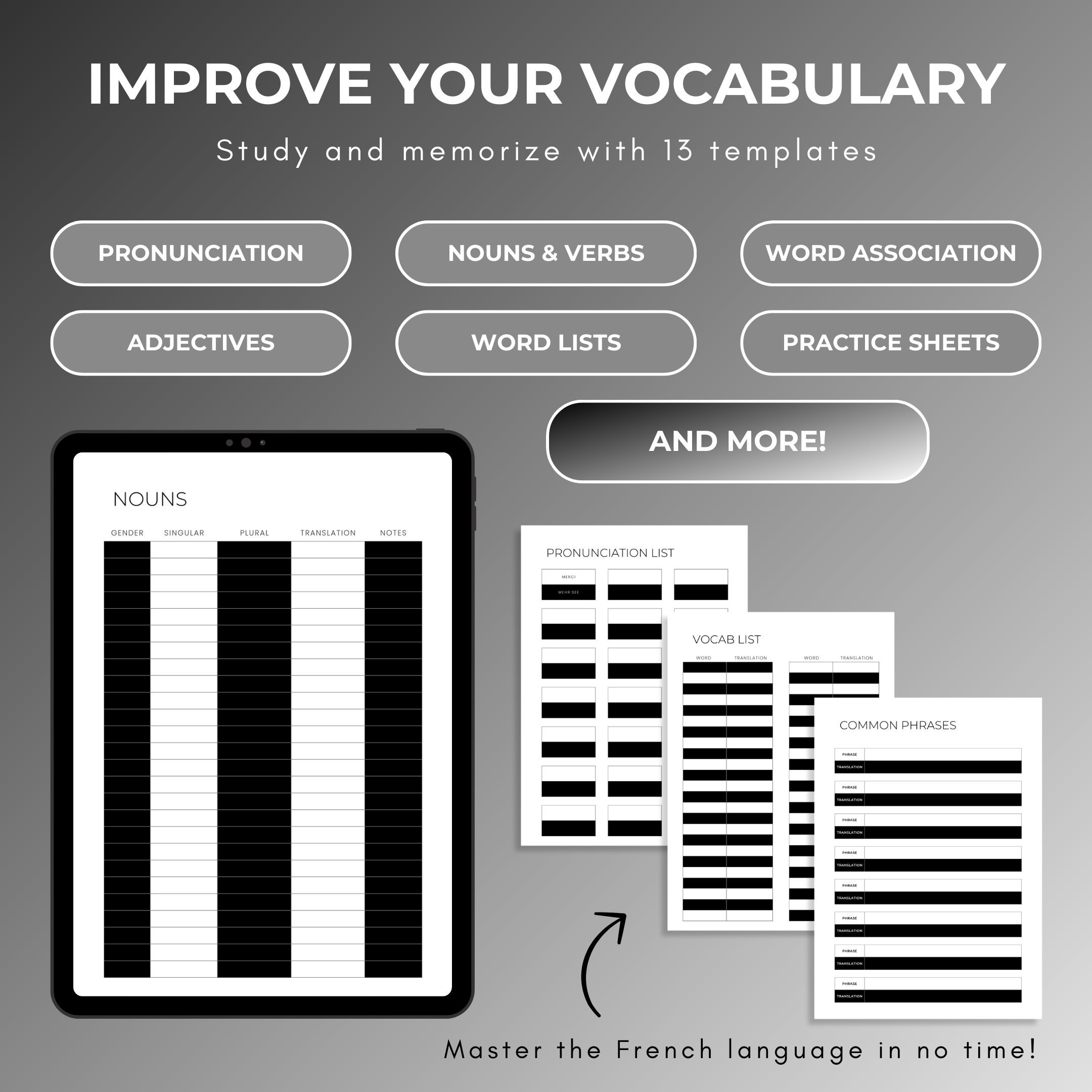 French Black & White Language Learning Notebook, Hyperlinked Journal ...